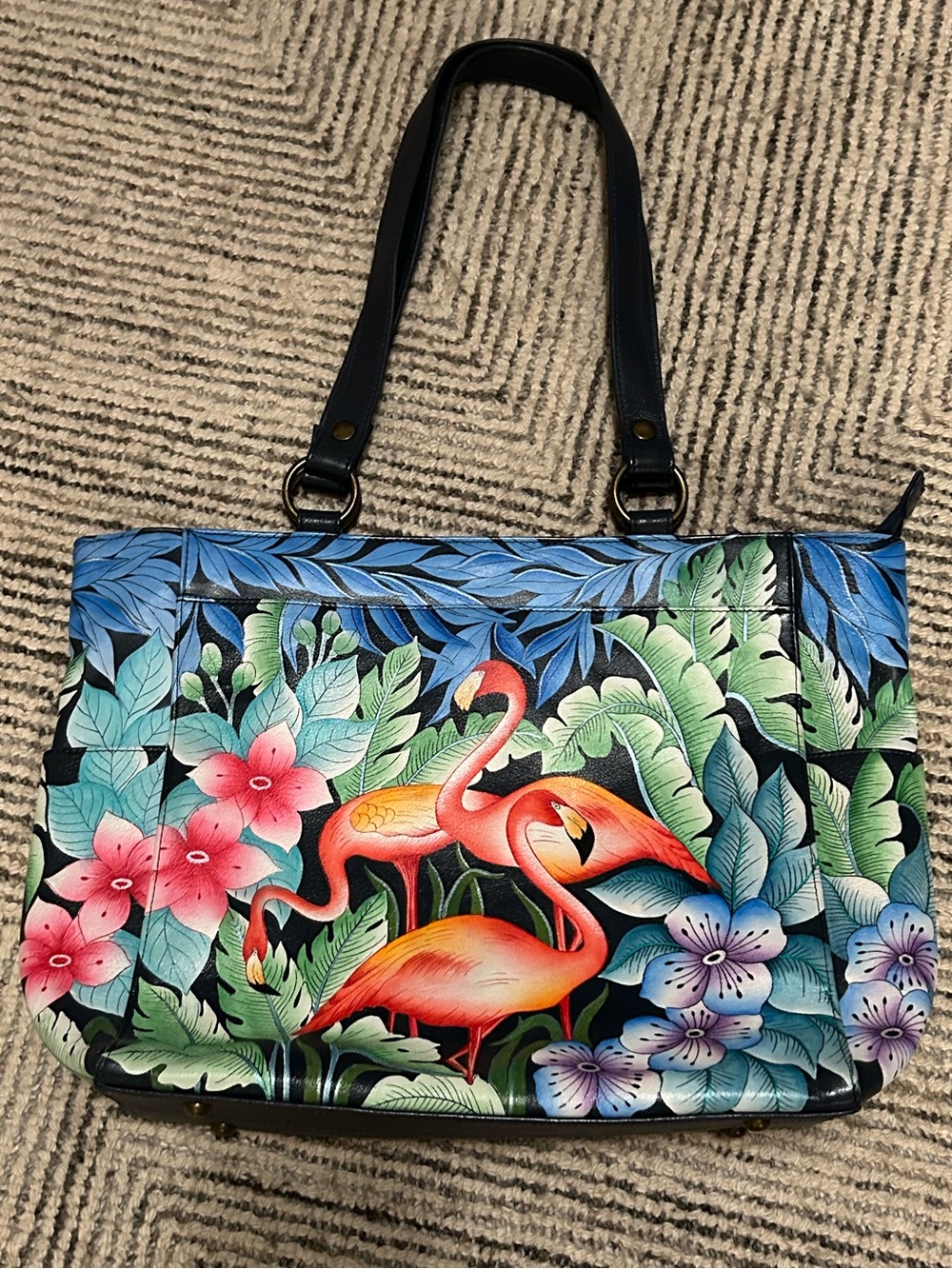 Anuschka Hand Painted Leather Tote Flamingo Fever Shoulder Bag Art To Wear